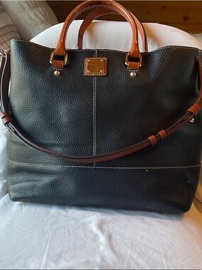 Dooney & Bourke Black Pebbled Leather Tote with Brown Handles
